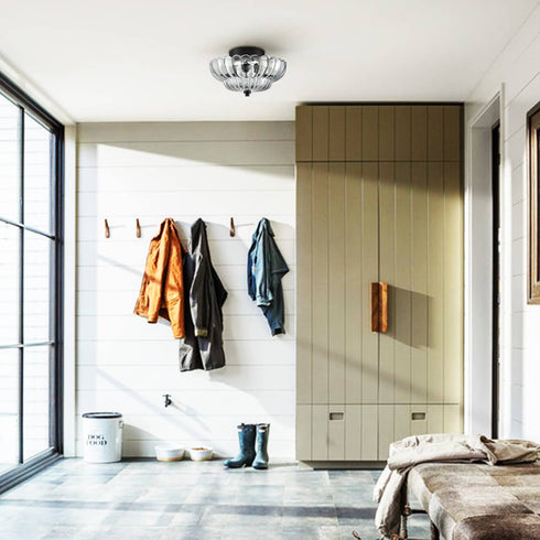 3-light Modern Black Metal with Scalloped Clear Glass Semi Flush Mount Ceiling Light for Living Room